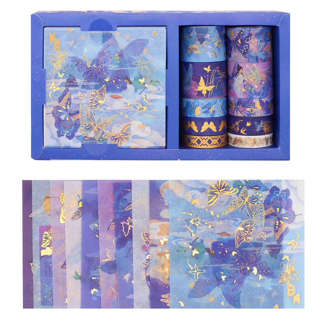 HASTHIP® Shine Gold Foil Washi Tape Sets 10 Rolls Washi Tapes with 10 Sheets Stickers Decorative Tape for Crafts Bullet Journal Gift Wrapping Scrapbooking (Blue 1) HASTHIP® Shine Gold Foil Washi Tape Sets 10 Rolls Washi Tapes with 10 Sheets Stickers Decorative Tape for Crafts Bullet Journal Gift Wrapping Scrapbooking (Blue 1)